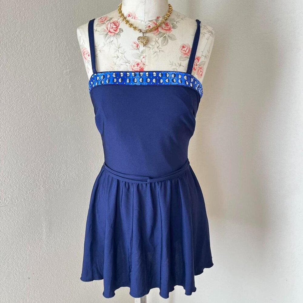 Roxanne vintage blue floral swim dress one piece swimsuit medium‎